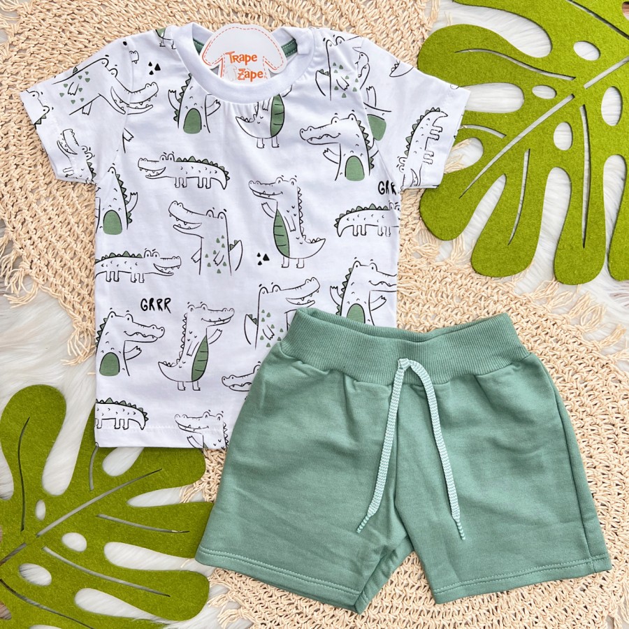 Conj. Camiseta Crocodilos e Bermuda - Branco e Verde 